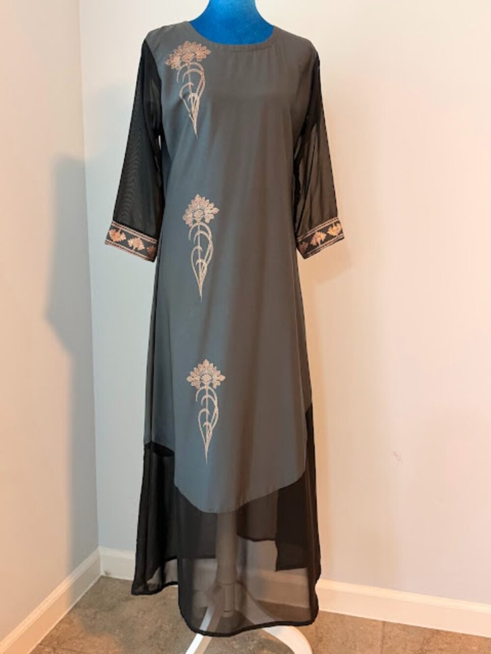 Black & Charcoal Grey Maxi Dress Sheer Sleeves Chiffon Hem Copper Detail